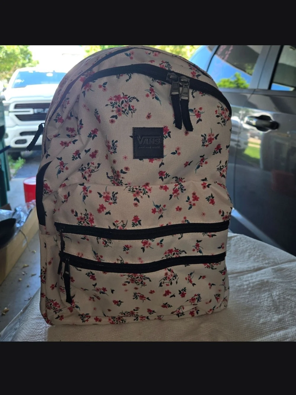 Vans Cream Backpack with Pink and Red Floral Print NWT